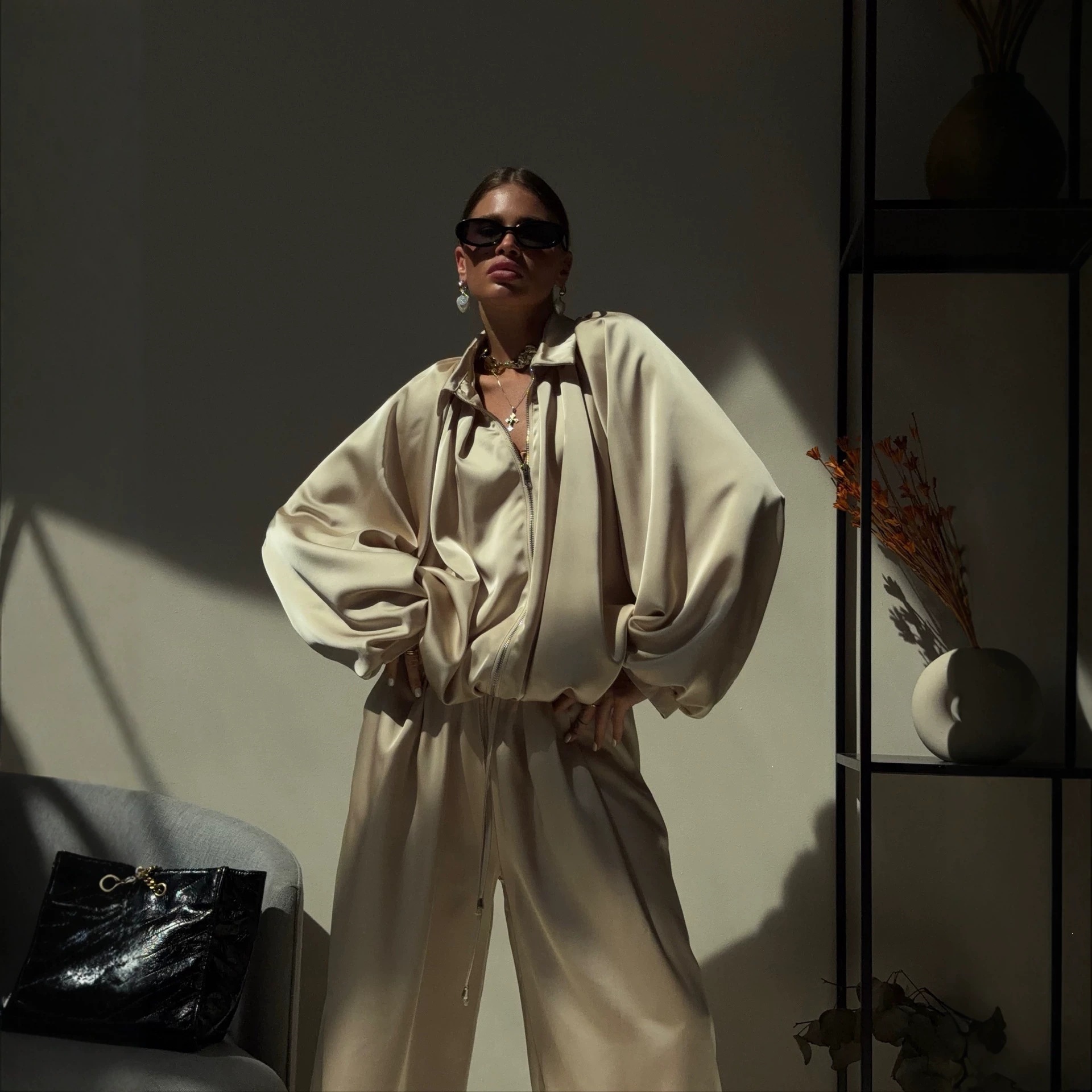 Acetate Satin Two-Piece Set with Collared Zip Top and Drawstring Jogger Pants