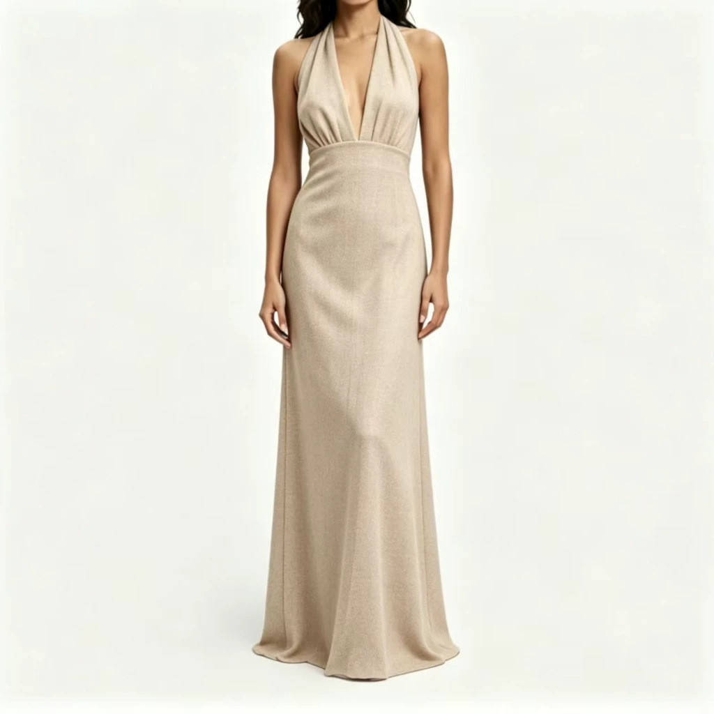 Elegant Solid V-Neck Halter Bodycon Maxi Dress