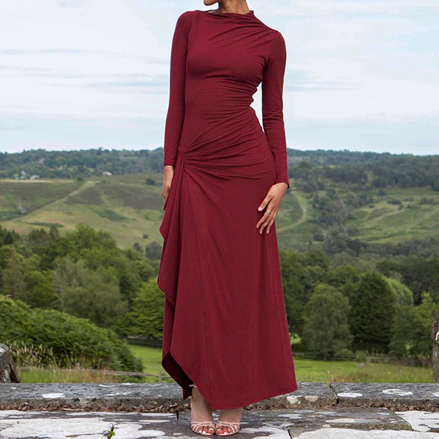 Solid Crew Neck Slit Bodycon Long Dress