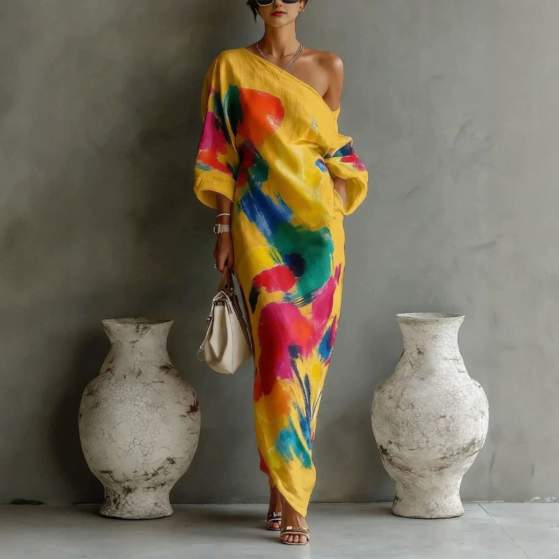 Women's Printed Plus Size French-Style Midi Dress with Asymmetrical Neckline