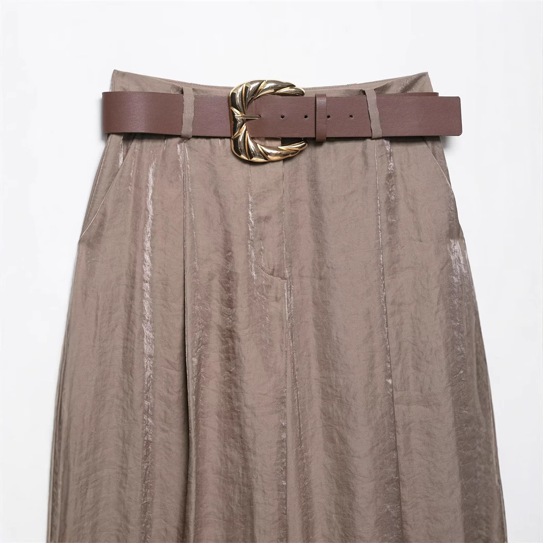 Satin-Feel Wide-Leg Pants with Belt
