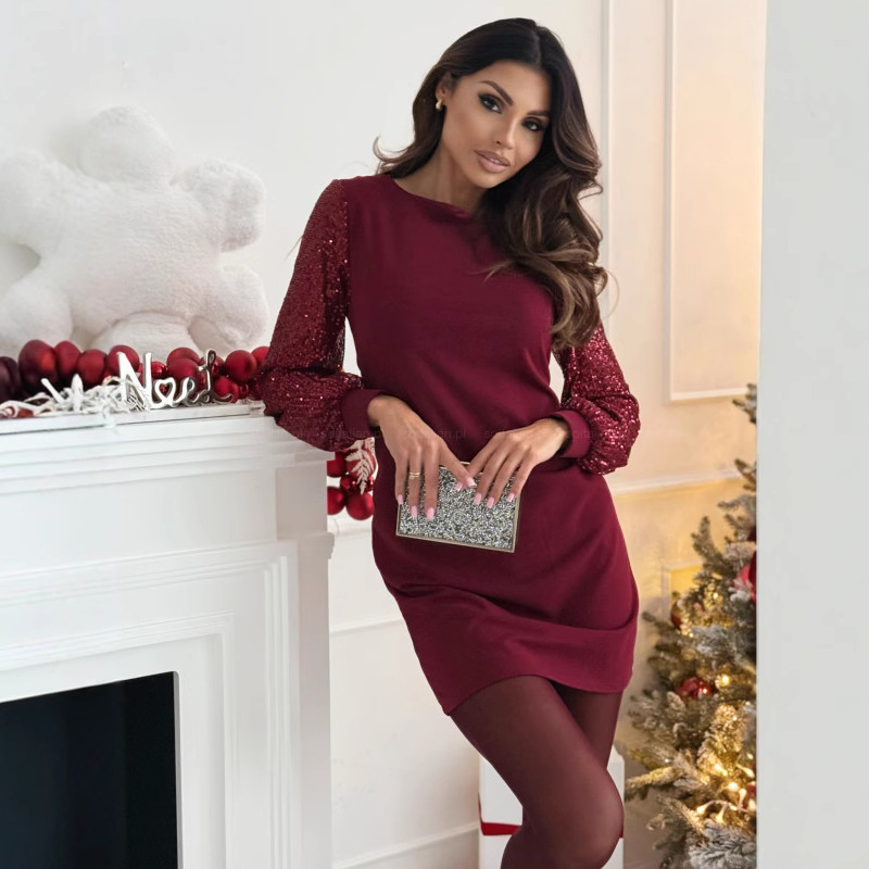 Women's Solid Color Round Neck Sequin Long Sleeve Patchwork Dress