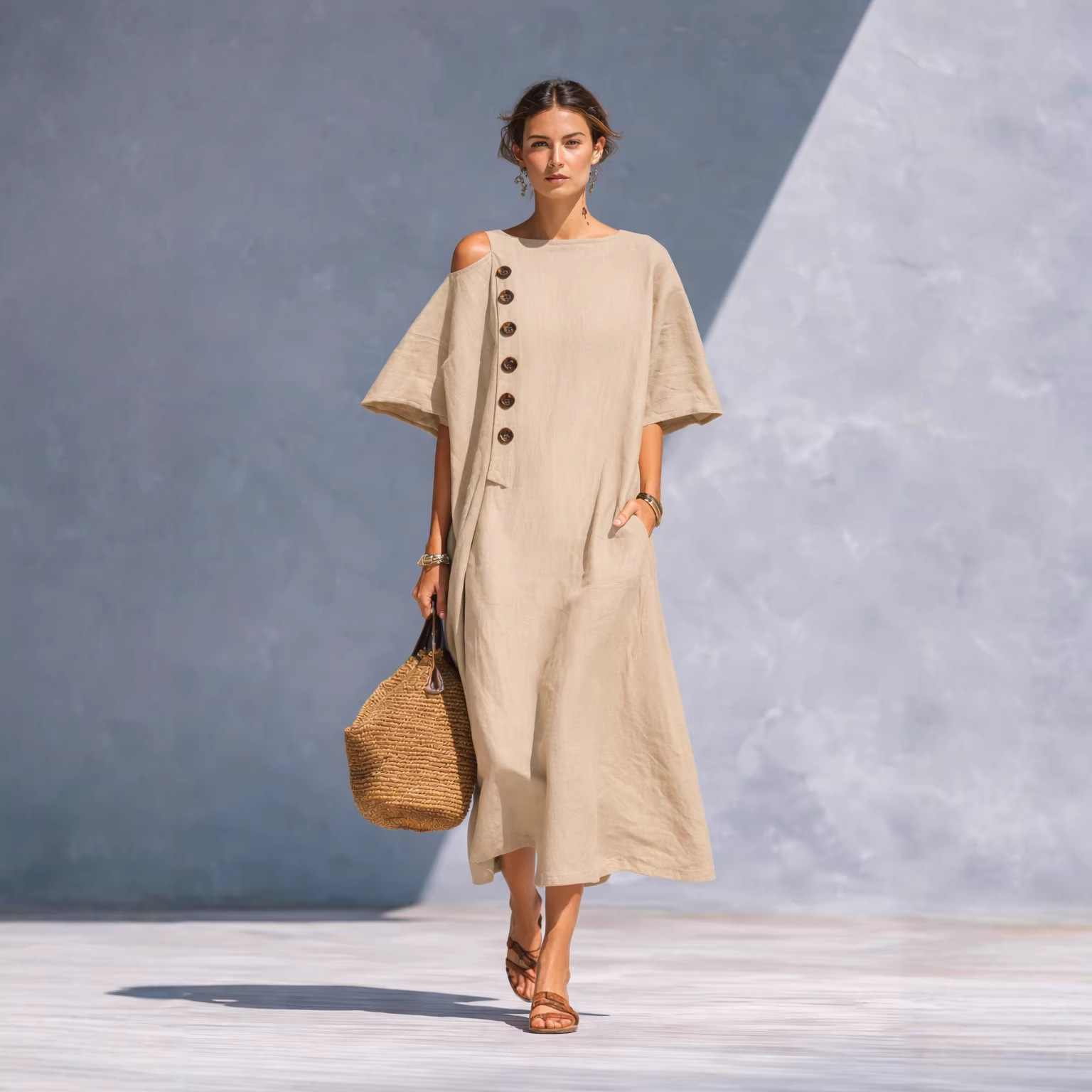 Women's Summer Loose Fit Midi Dress with One-Shoulder Button Detail