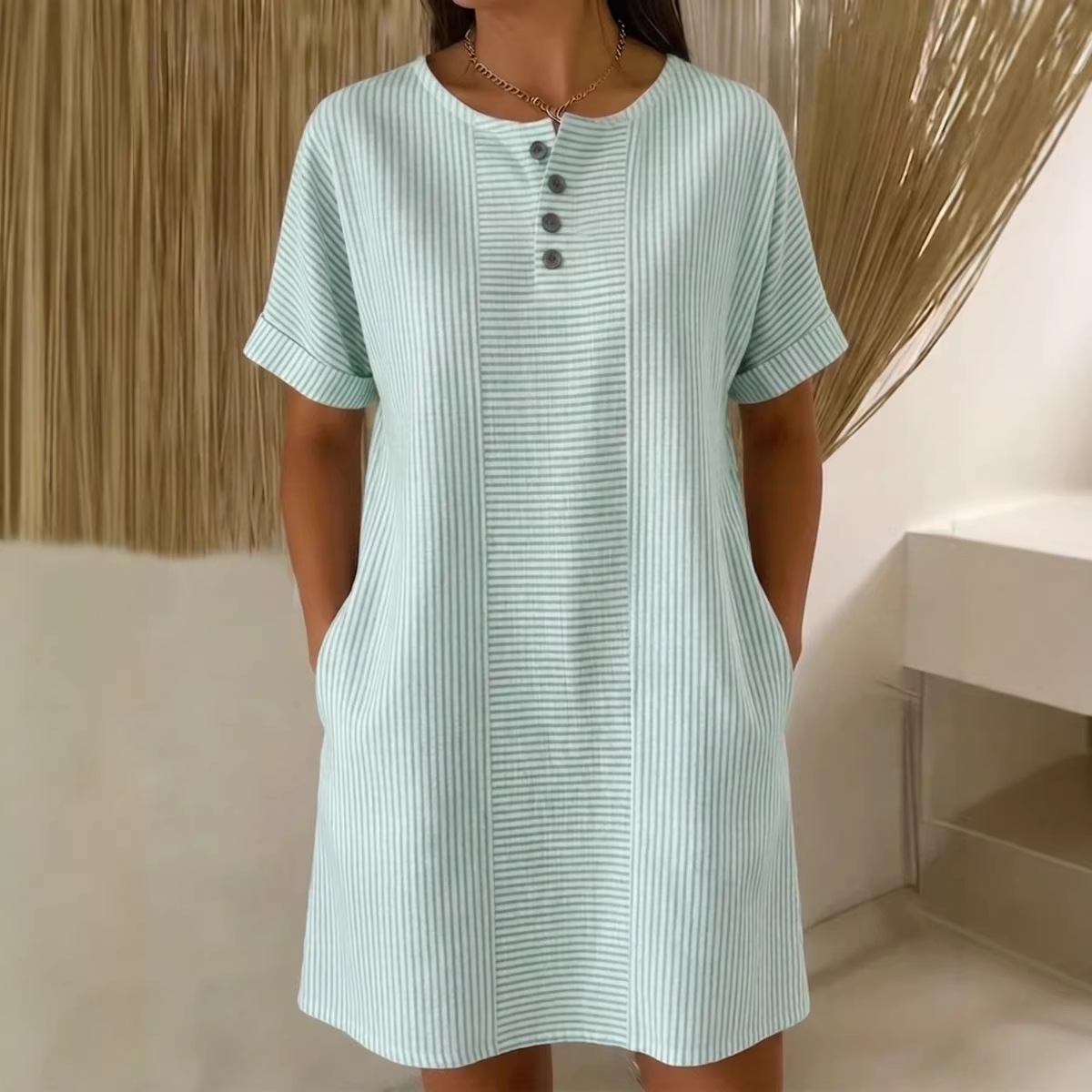 Women's Button Round Neck Loose Pocket Casual Midi Dress