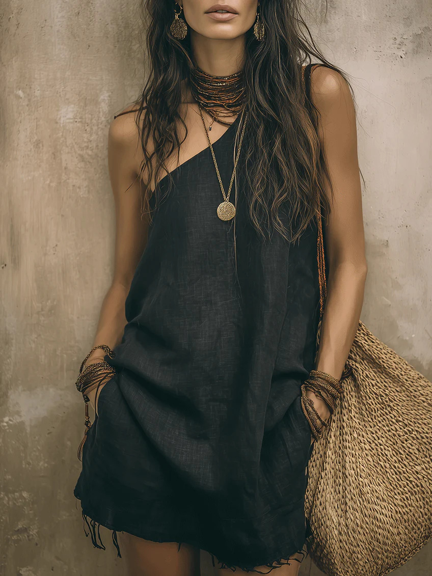 Retro Sleeveless One-Shoulder Solid Boho Fringe Mini Dress