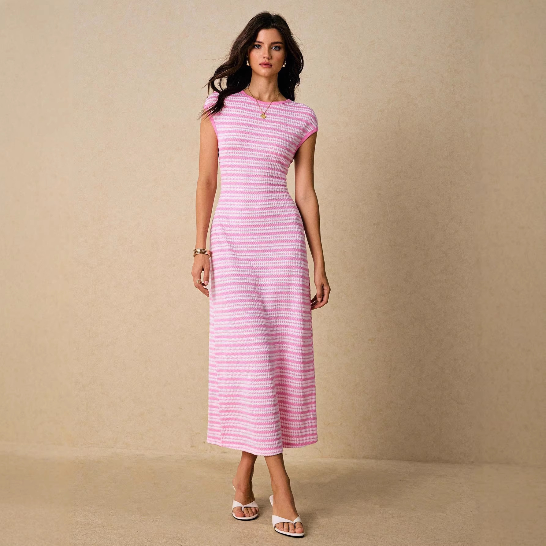 Colorblock Striped Short Sleeve Long Casual Dress