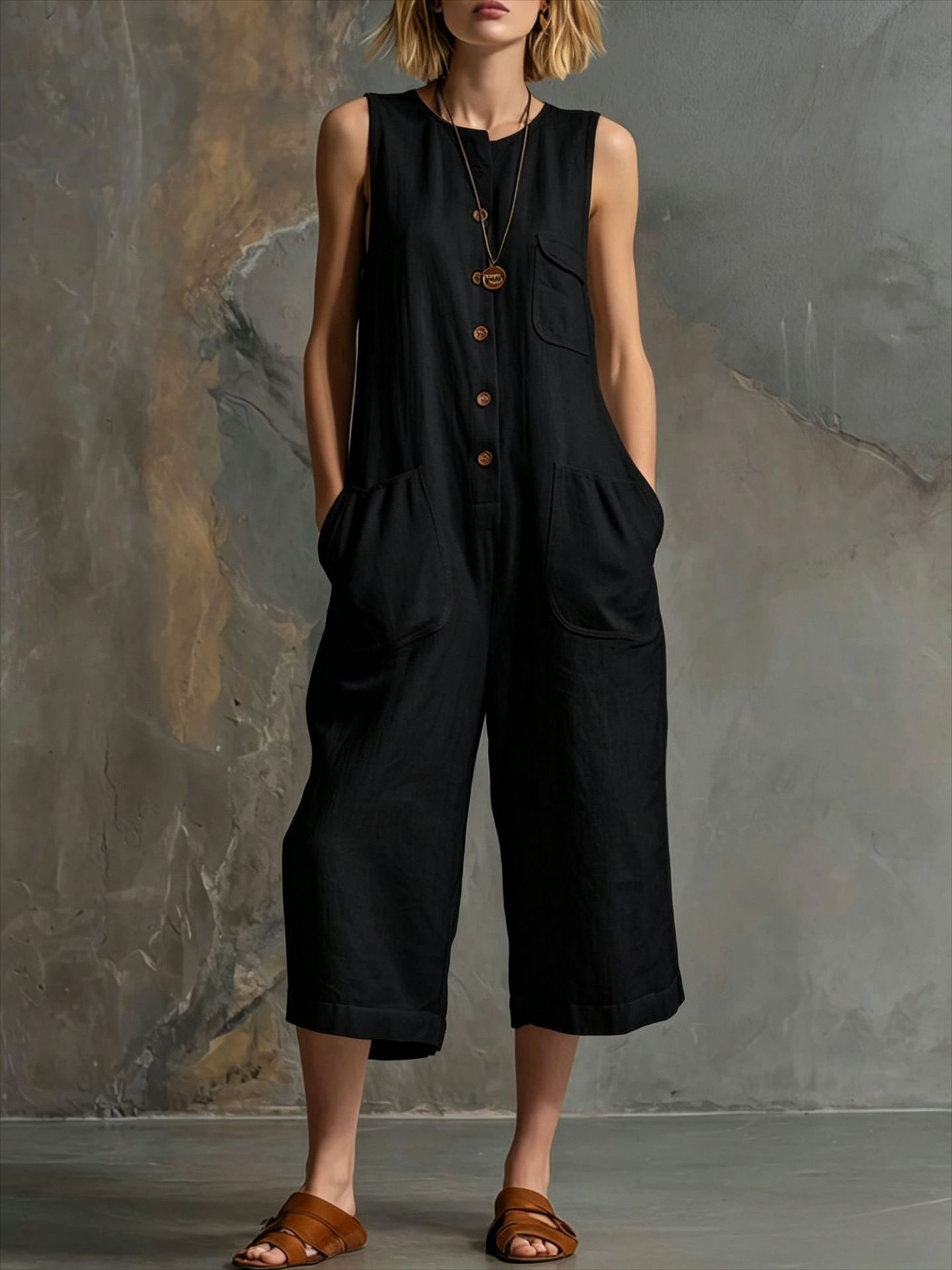 Women's Sleeveless Cotton-Linen Wide-Leg Capri Jumpsuit