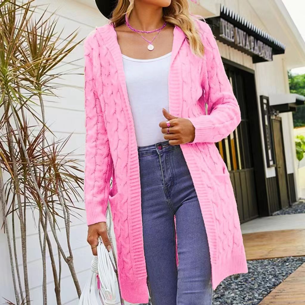 Women's Mid-Length Hooded Cardigan Sweater Cable Knit