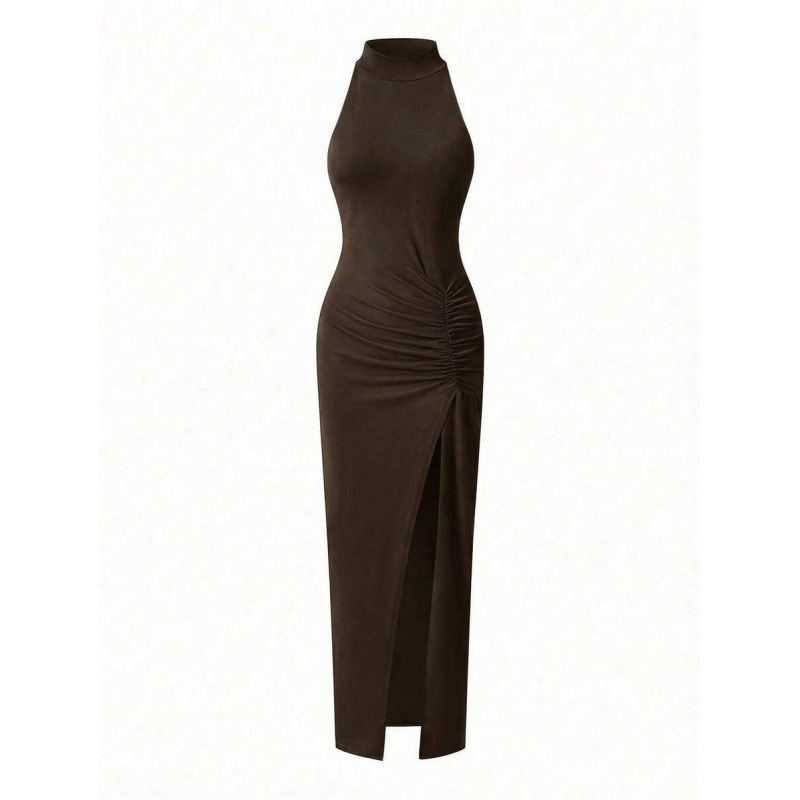 Sleeveless Bodycon Midi Dress with Slit and Ruched Details