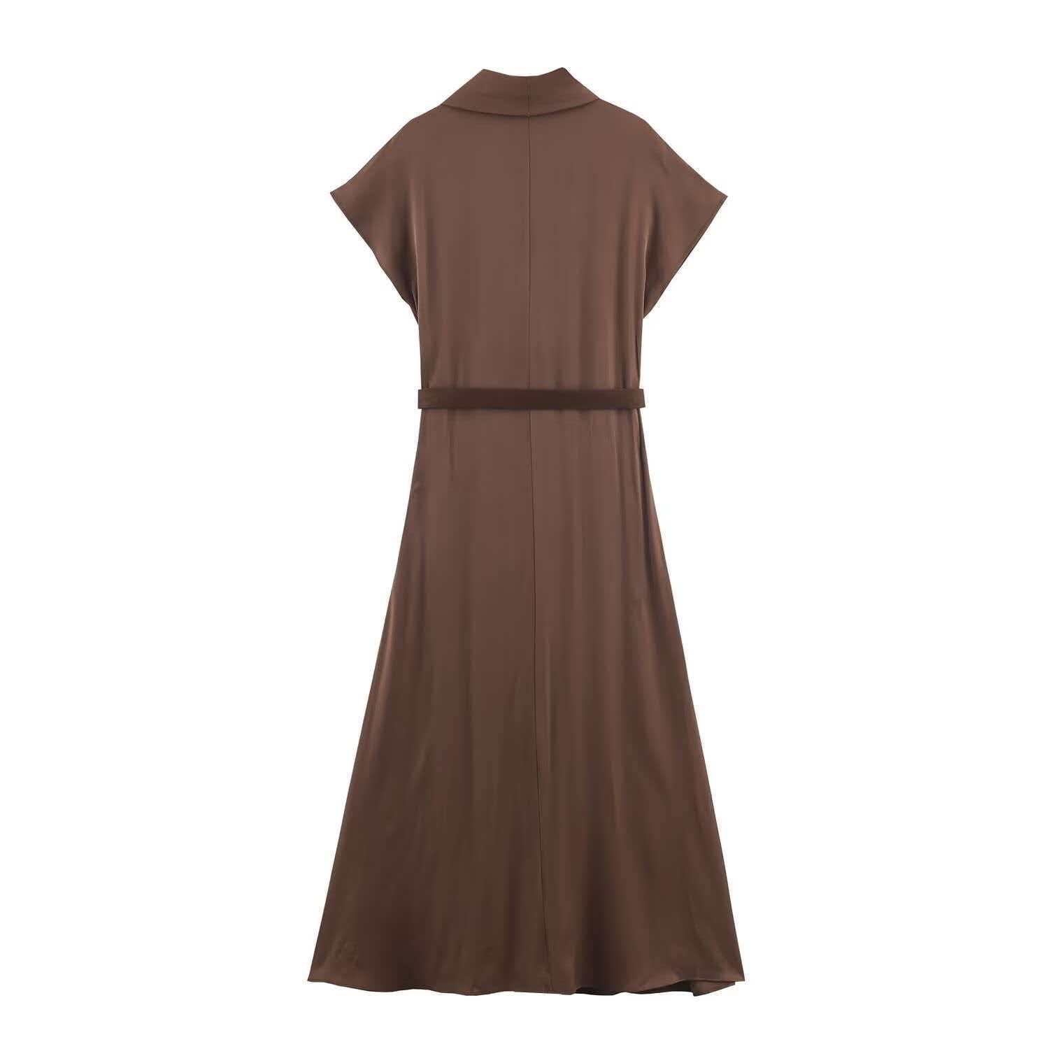 Women's Sleeveless Draped Neck Midi Dress with Belt