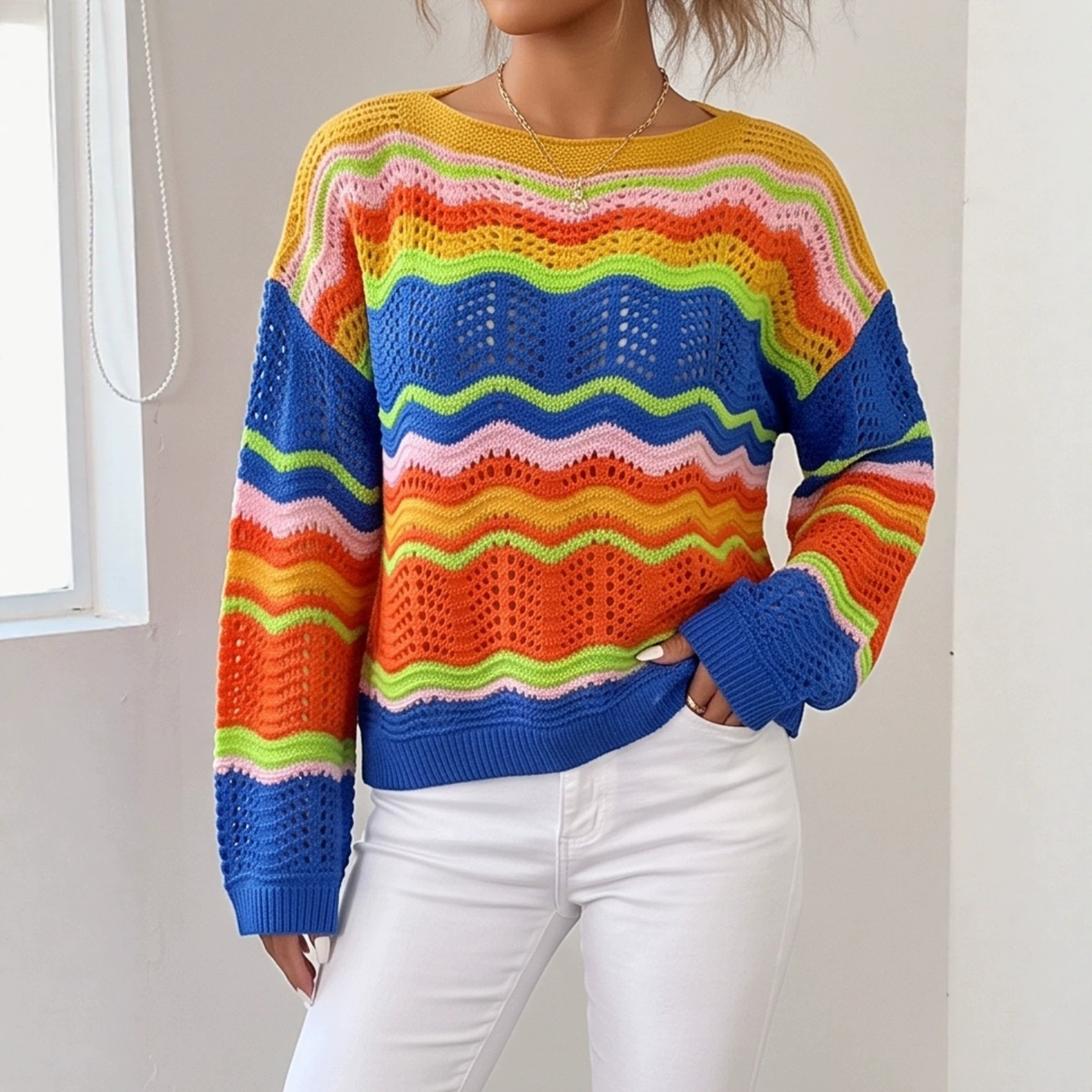 Rainbow Striped Openwork Knit Pullover Sweater