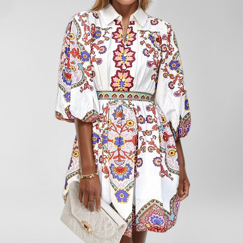 Elegant Floral Print V-Neck Lantern Sleeve Dress