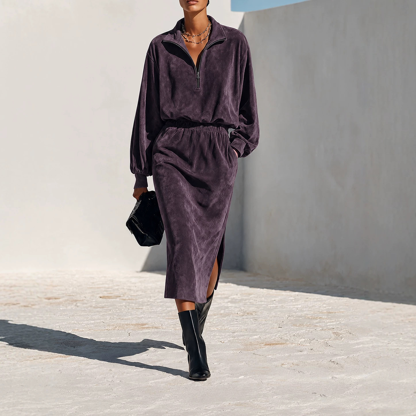 Women's Half-Zip Stand Collar Sweatshirt and Skirt Two-Piece Set