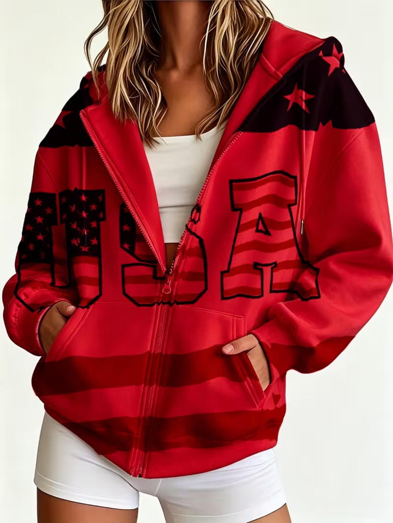 Women's Colorblock USA Flag Striped Zip-Up Hoodie