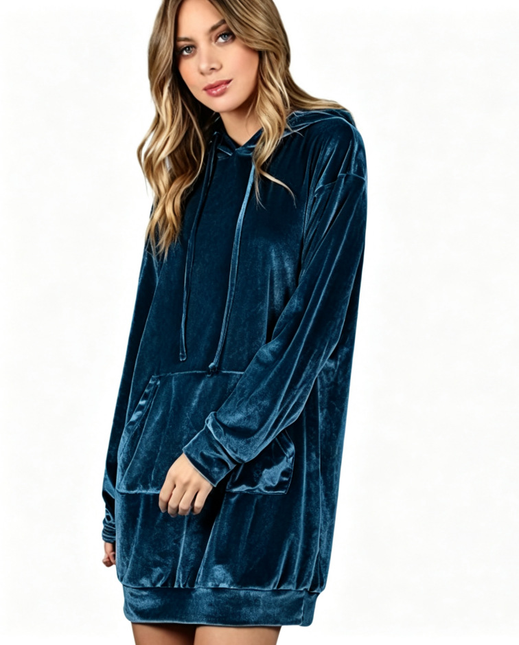 Velvet Hooded Sweatshirt Dress Oversized Pullover