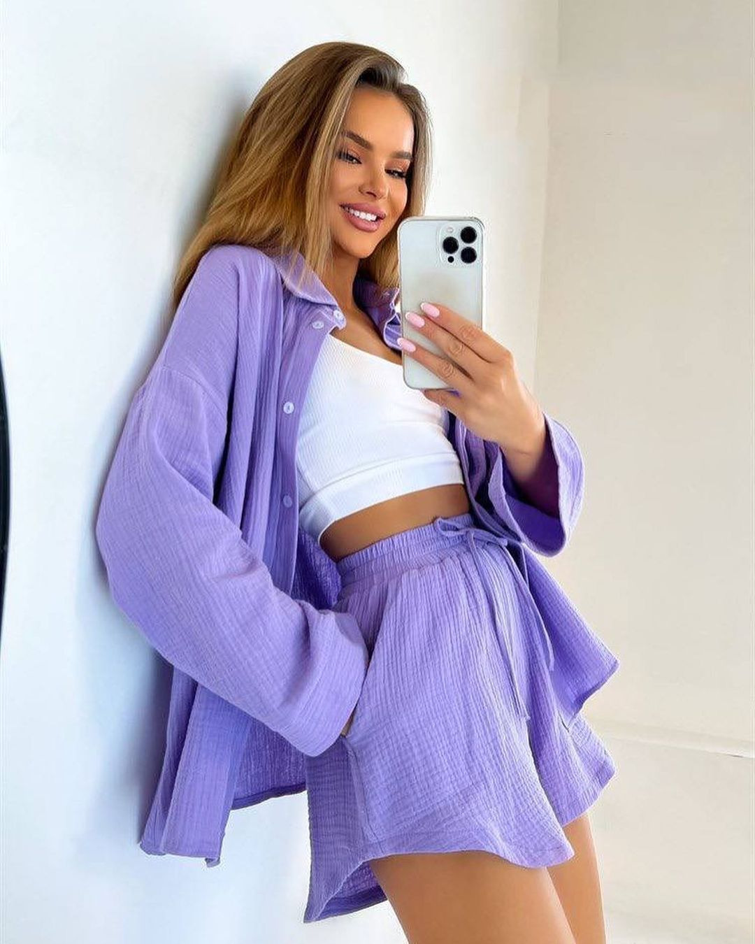 Women's Long Sleeve Button-Down Shirt and Shorts Set