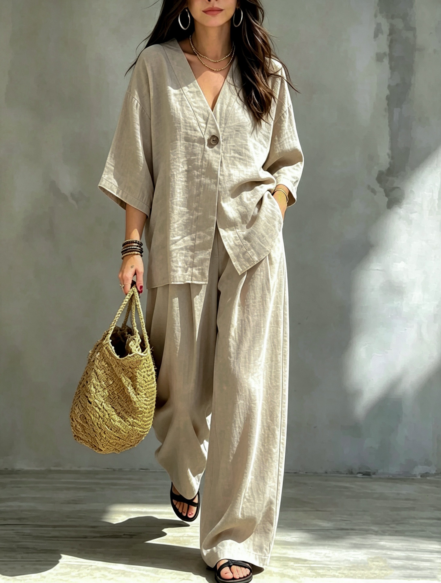 Women's V-Neck One-Button Loose Long-Sleeve Top & High-Waist Suit Pants Two-Piece Set