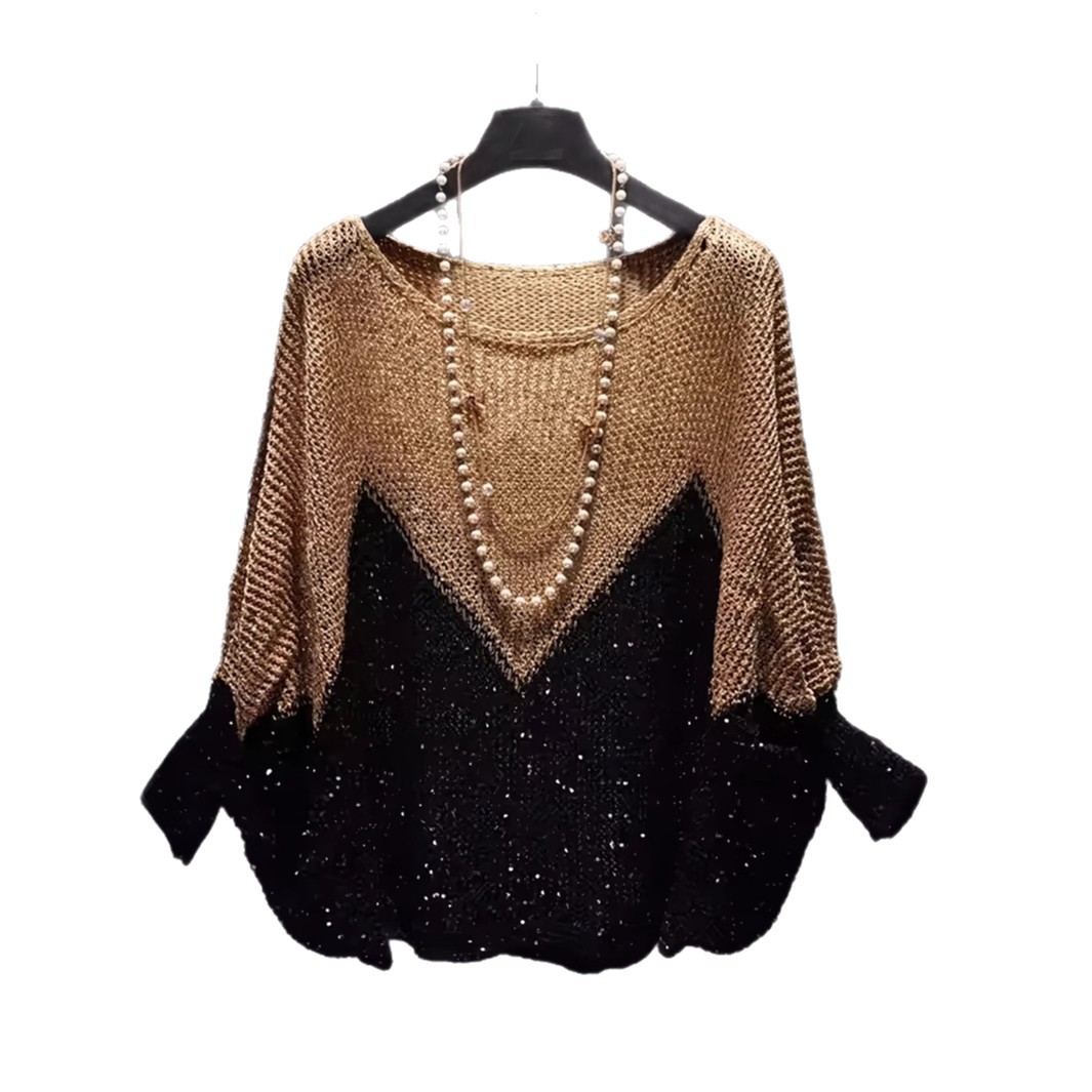 Color-Block Sequin Knit Pullover Sweater