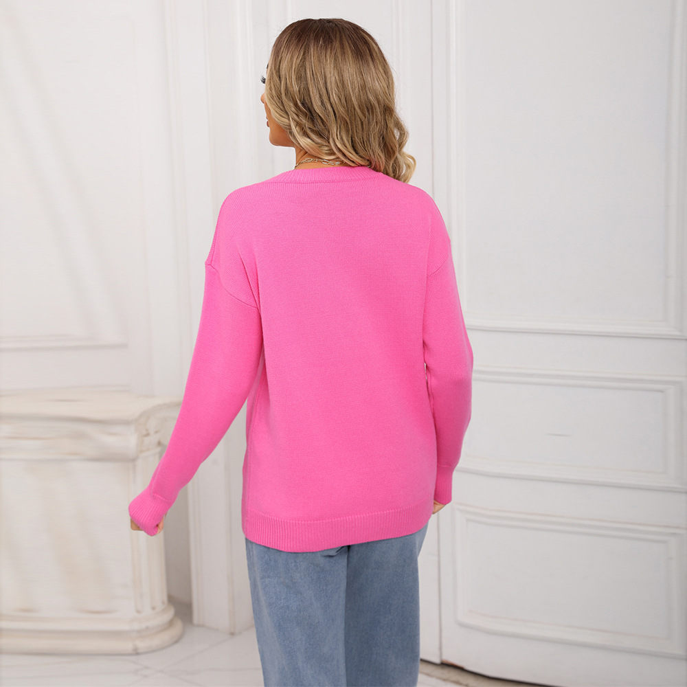 Long Sleeve Heart Embroidered Loose Knit Sweater