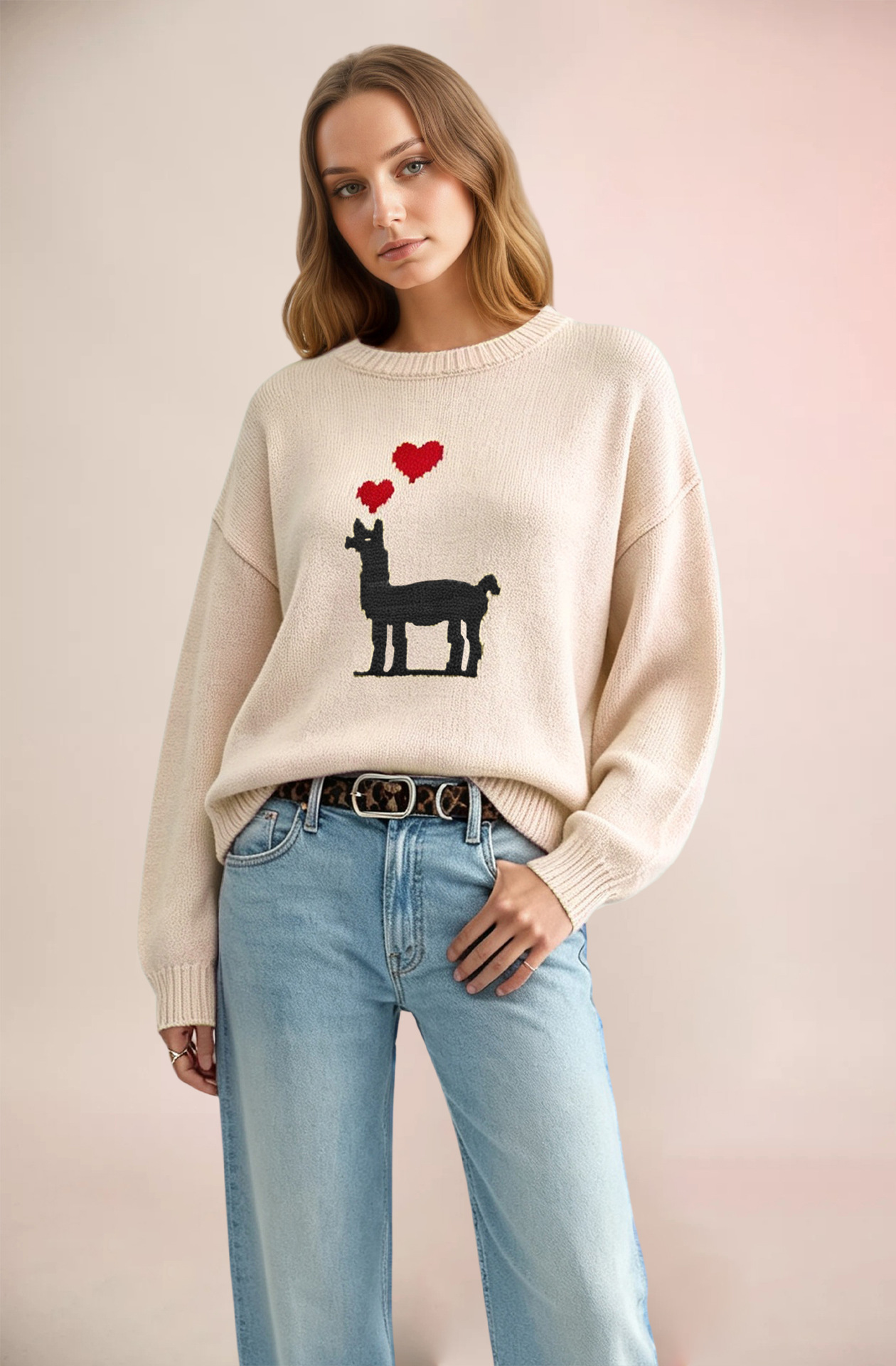 Heart Colorblock Crewneck Pullover Knit Sweater