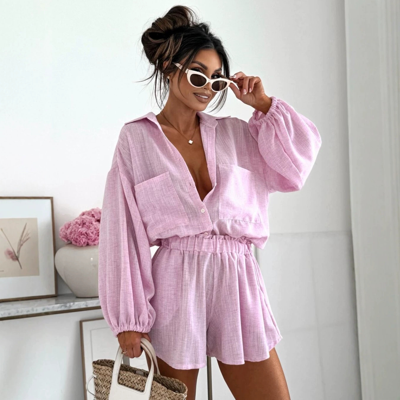 Polka Dot Multi-Pocket Half-Sleeve Top and Elastic Shorts Two-Piece Set