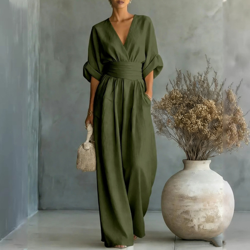 Women's Solid V-Neck Slim Waist Wide-Leg Jumpsuit