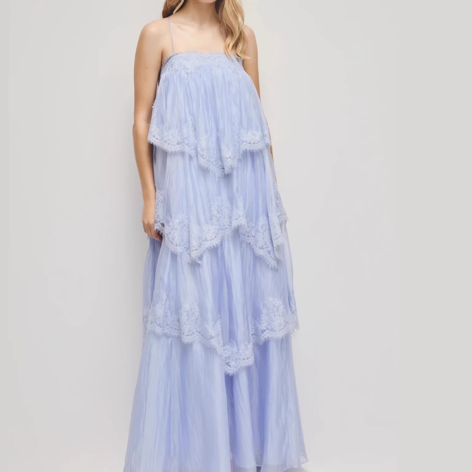 French Vintage Lace Gradient Cami Maxi Dress Tiered Ruffle