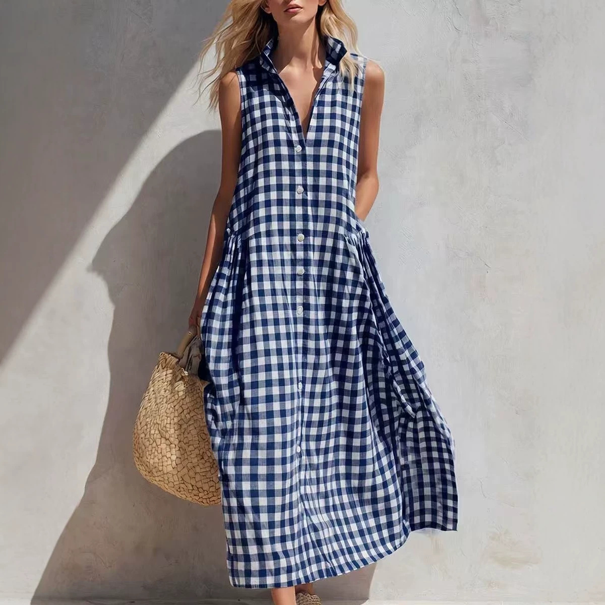 Women's Summer Sleeveless Plaid A-Line Midi Dress Loose Fit
