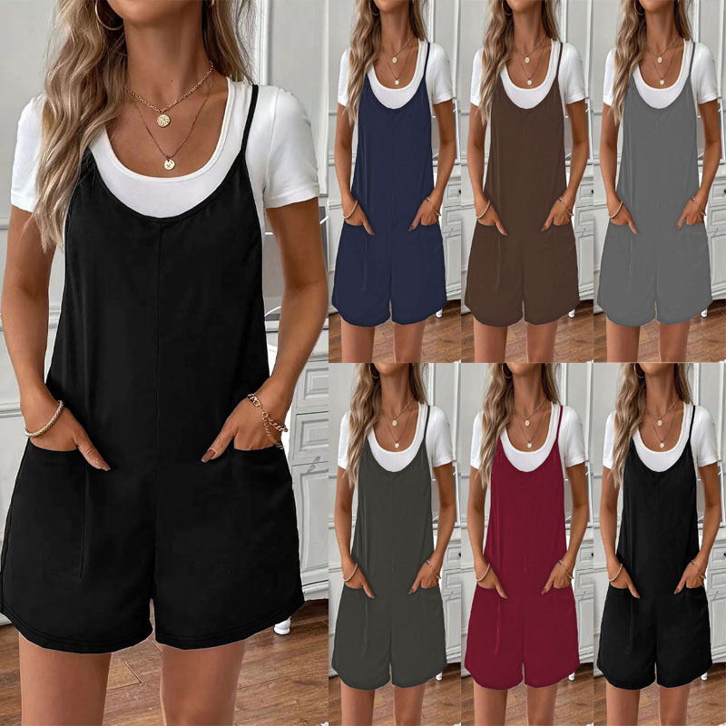 Solid Color Pocket Cami Romper Loose Casual Jumpsuit