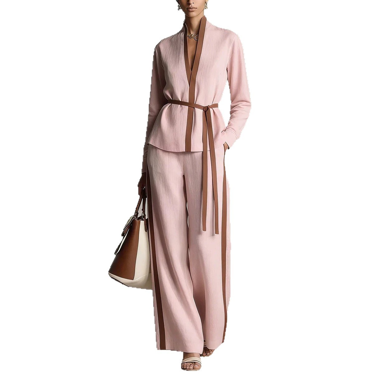 Women's Color-Block Cardigan Shirt and Wide-Leg Pants Two-Piece Set