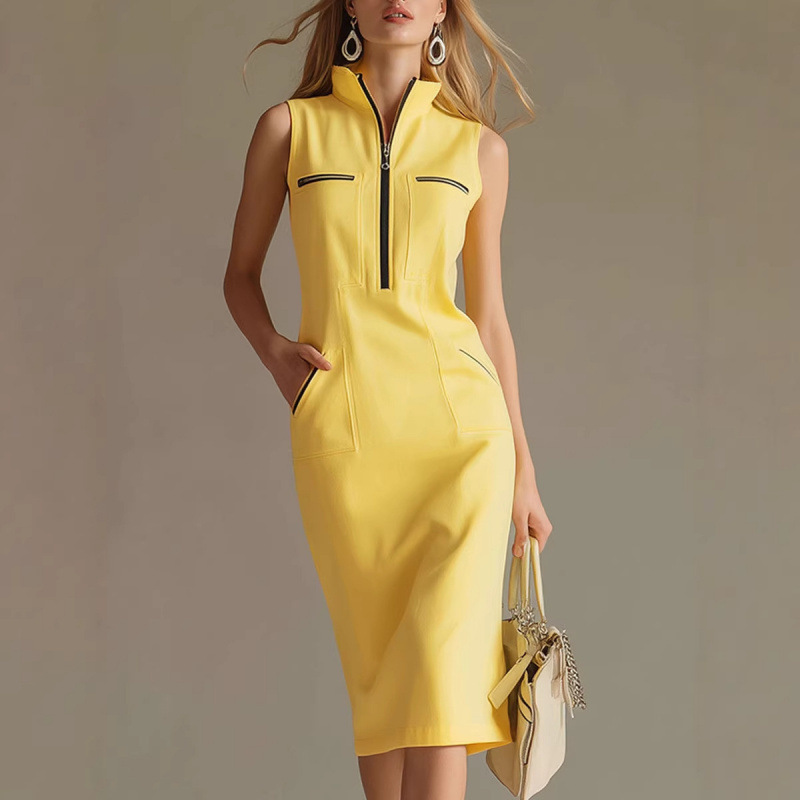 Elegant Colorblock Zip Stand Collar Midi Dress Women's Slim A-Line