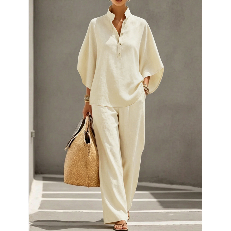 Minimalist Loose Batwing Sleeve Half-Placket High-Waist Wide-Leg Two-Piece Set