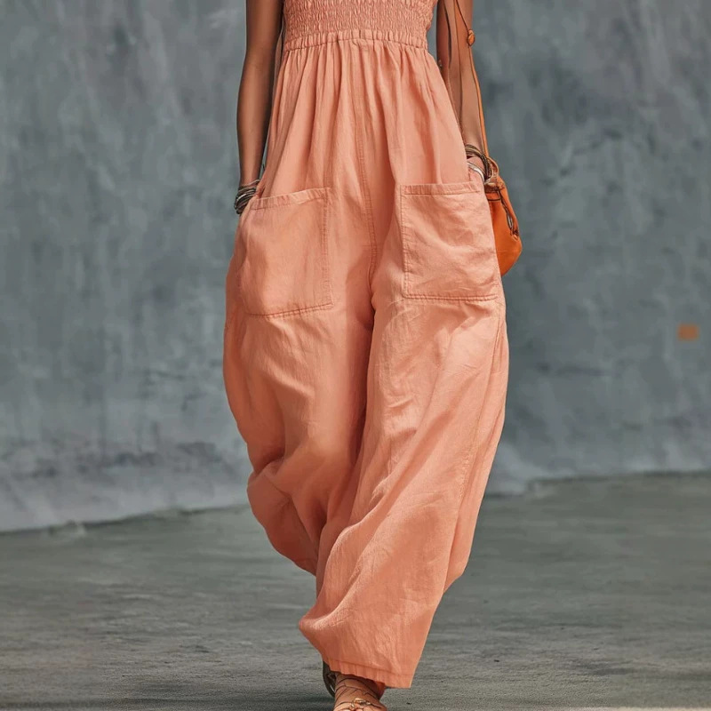 Strapless Orange-Pink Cotton Jumpsuit for Casual Vacation