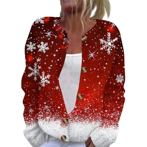 Christmas Hat Print Button-Front Cardigan for Women