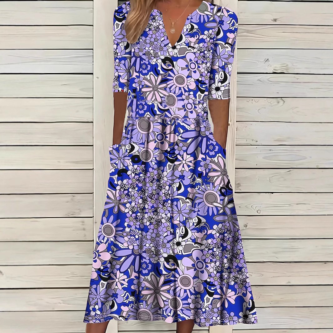 Vintage Daisy Floral Midi Dress Deep V-Neck Three-Quarter Sleeve Loose Fit