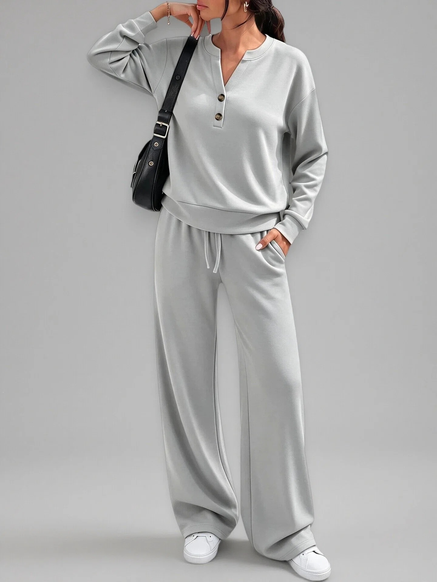 Women's Solid V-Neck Loose Wide-Leg Two-Piece Pants Set