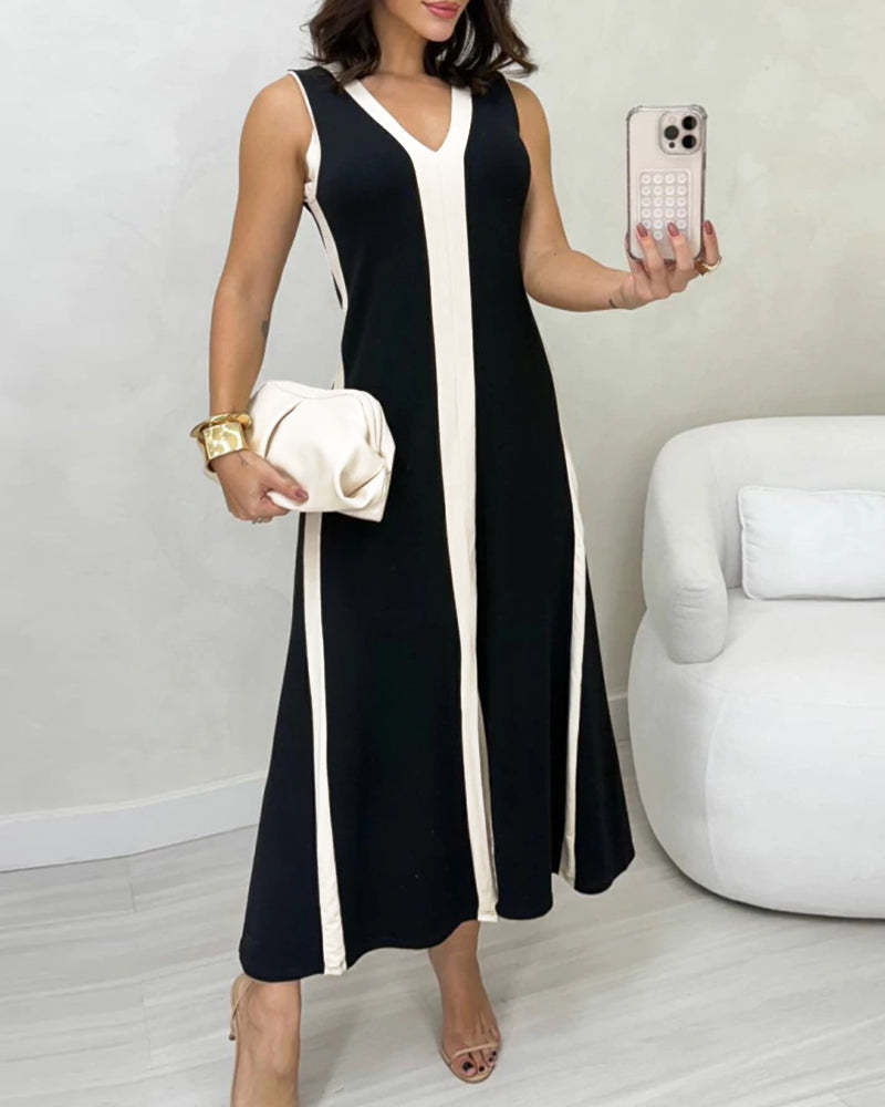 Blue and White Colorblock Sleeveless V-Neck Midi Dress with Slit