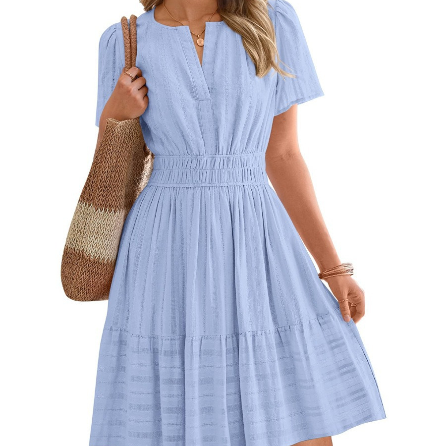 V-Neck Ruched Bubble Sleeve Tiered A-Line Midi Dress