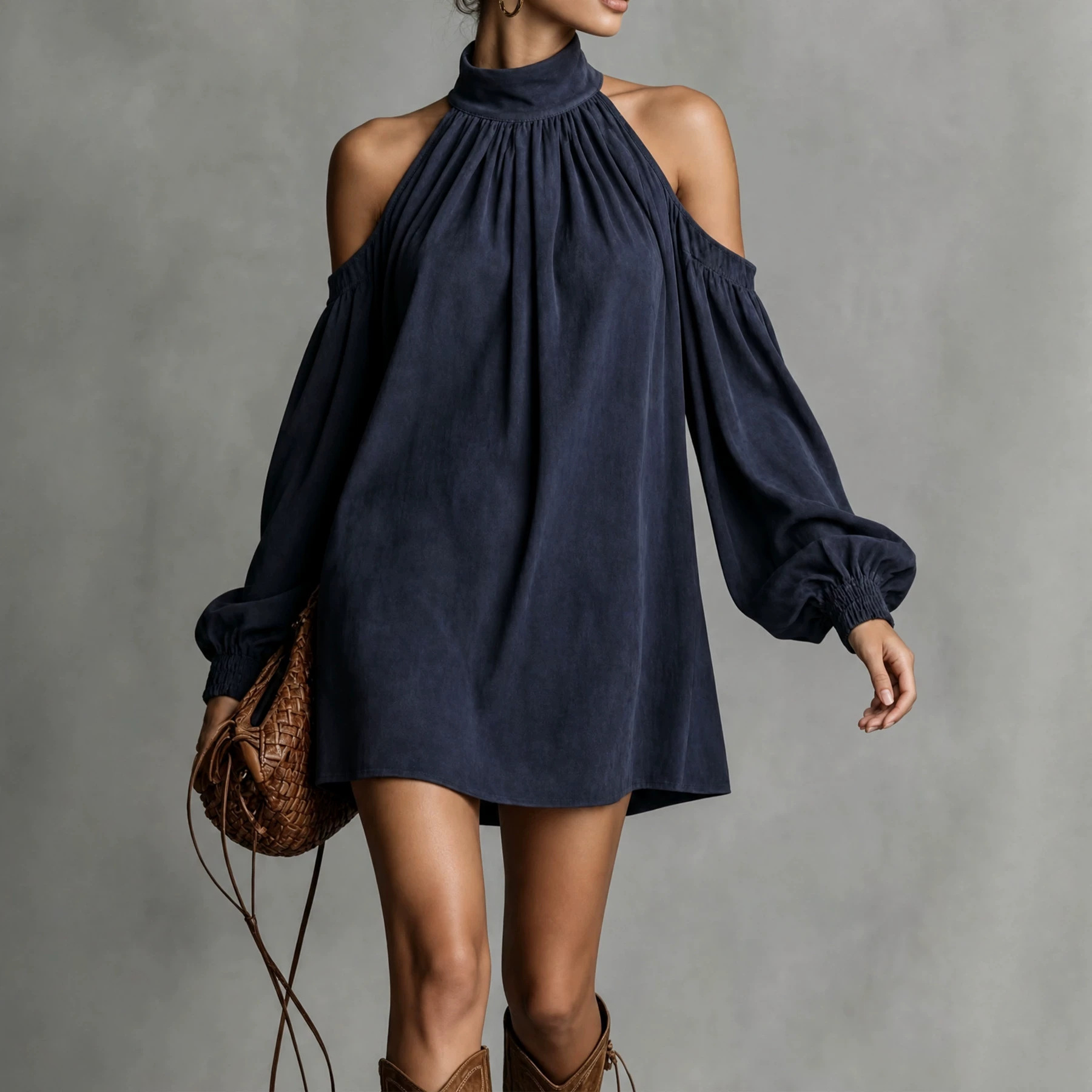 Women's Faux Suede Halter Mini Dress with Lantern Sleeves