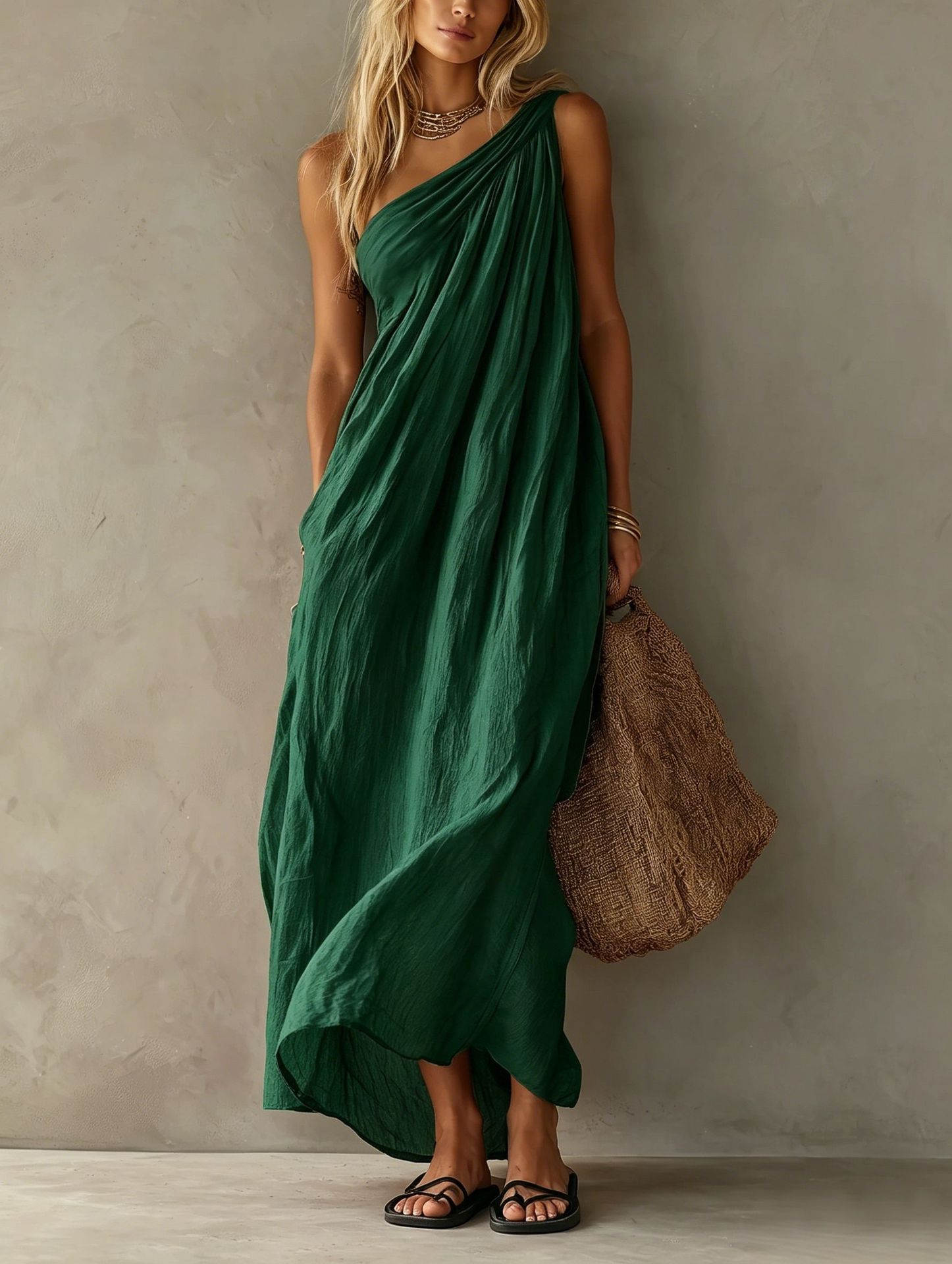 2026 Amazon Cross-Border Women's One-Shoulder Ruched Dress Loose Slimming Solid Color Beach Vacation Long Dress