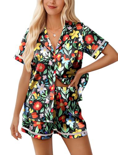 Women's Cuban Collar Short Sleeve Shirt Set Floral Solid Casual
