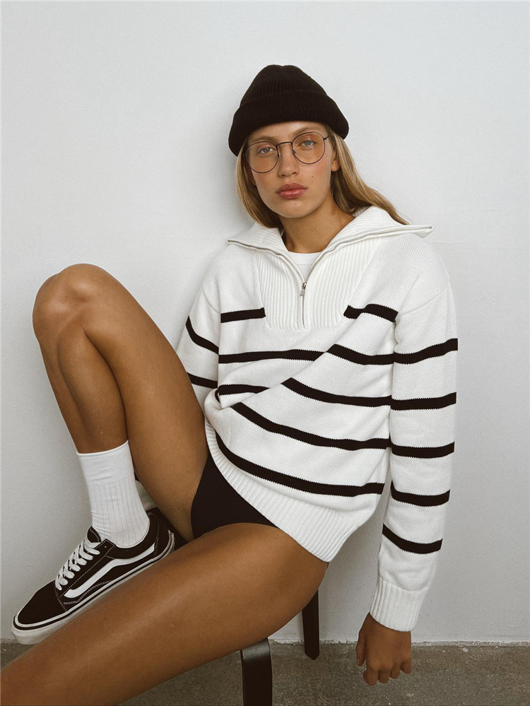 Women's Striped Knit Sweater with Collar and Zip, Loose Fit, Long Sleeve, Colorblock
