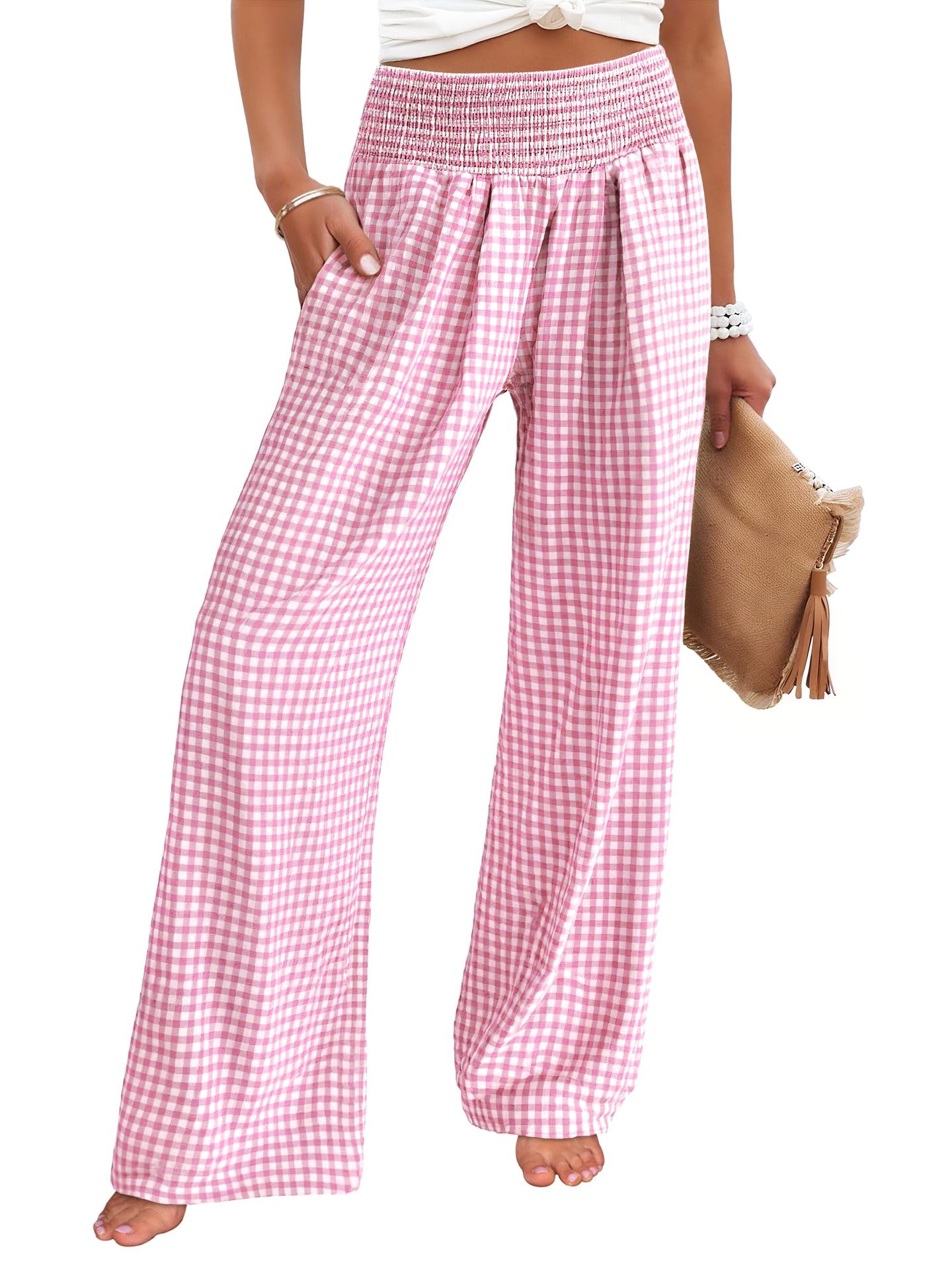 Plaid Wide-Leg High-Waist Pants with Pockets