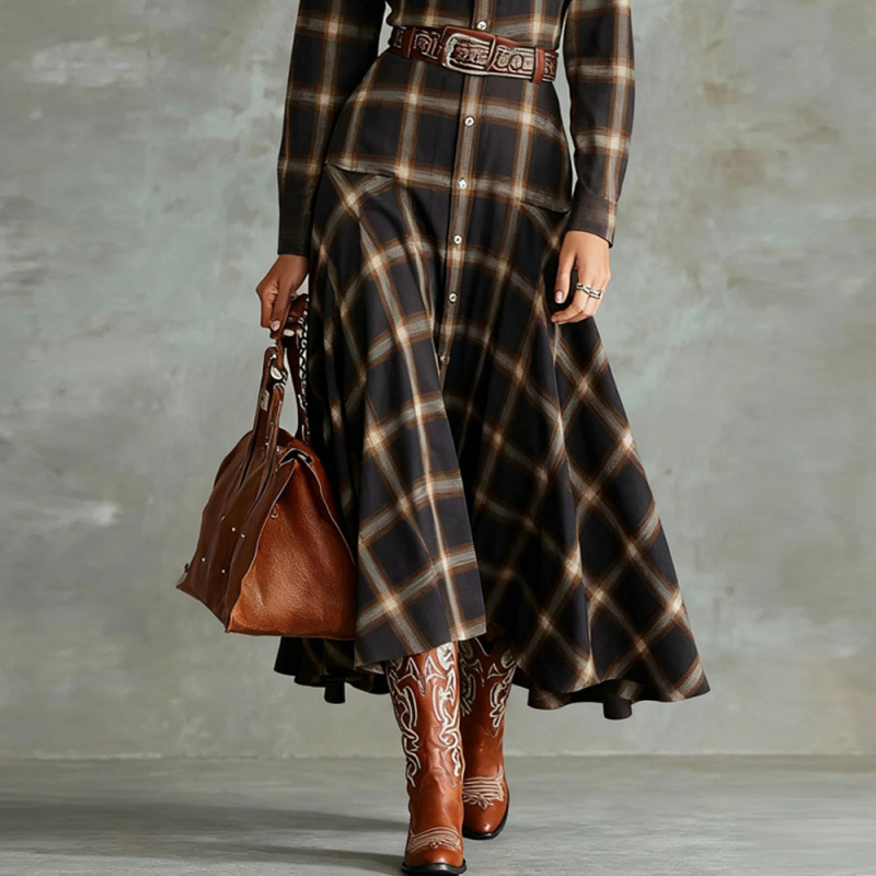 Women's Retro Plaid Long Sleeve Shirt Dress
