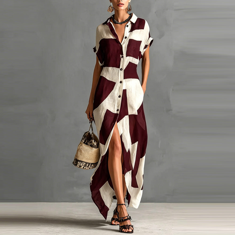 Geometric Print Shirt Dress Short Sleeve Long Casual Vacation Dress