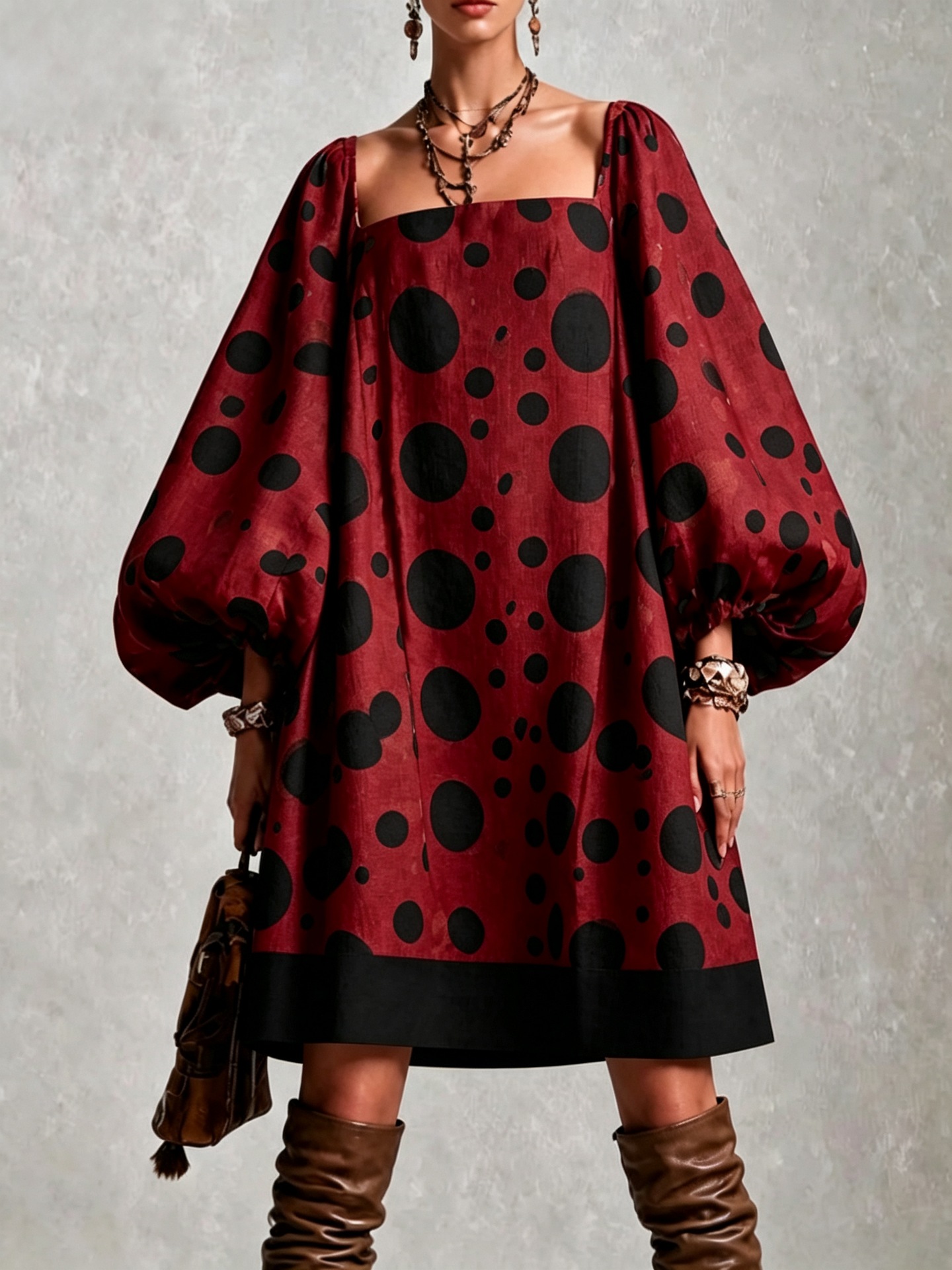 Retro Polka Dot Lantern Sleeve Off-Shoulder Mini Dress