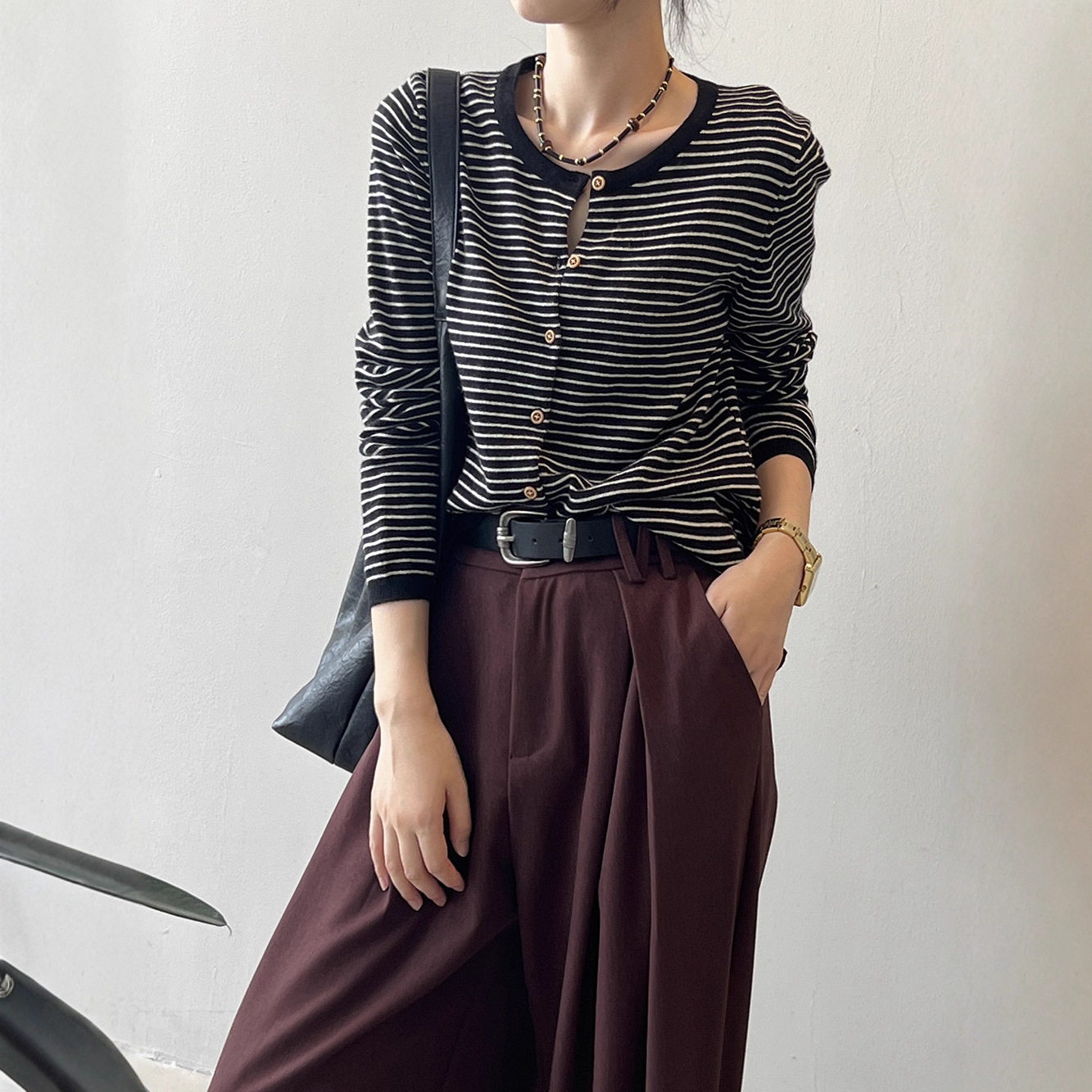 Women's Color-Block Striped Knit Cardigan Crewneck Lightweight Sweater Coat