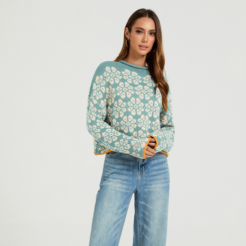 Women's Color-Block Jacquard Crewneck Sweater Loose Knit Pullover