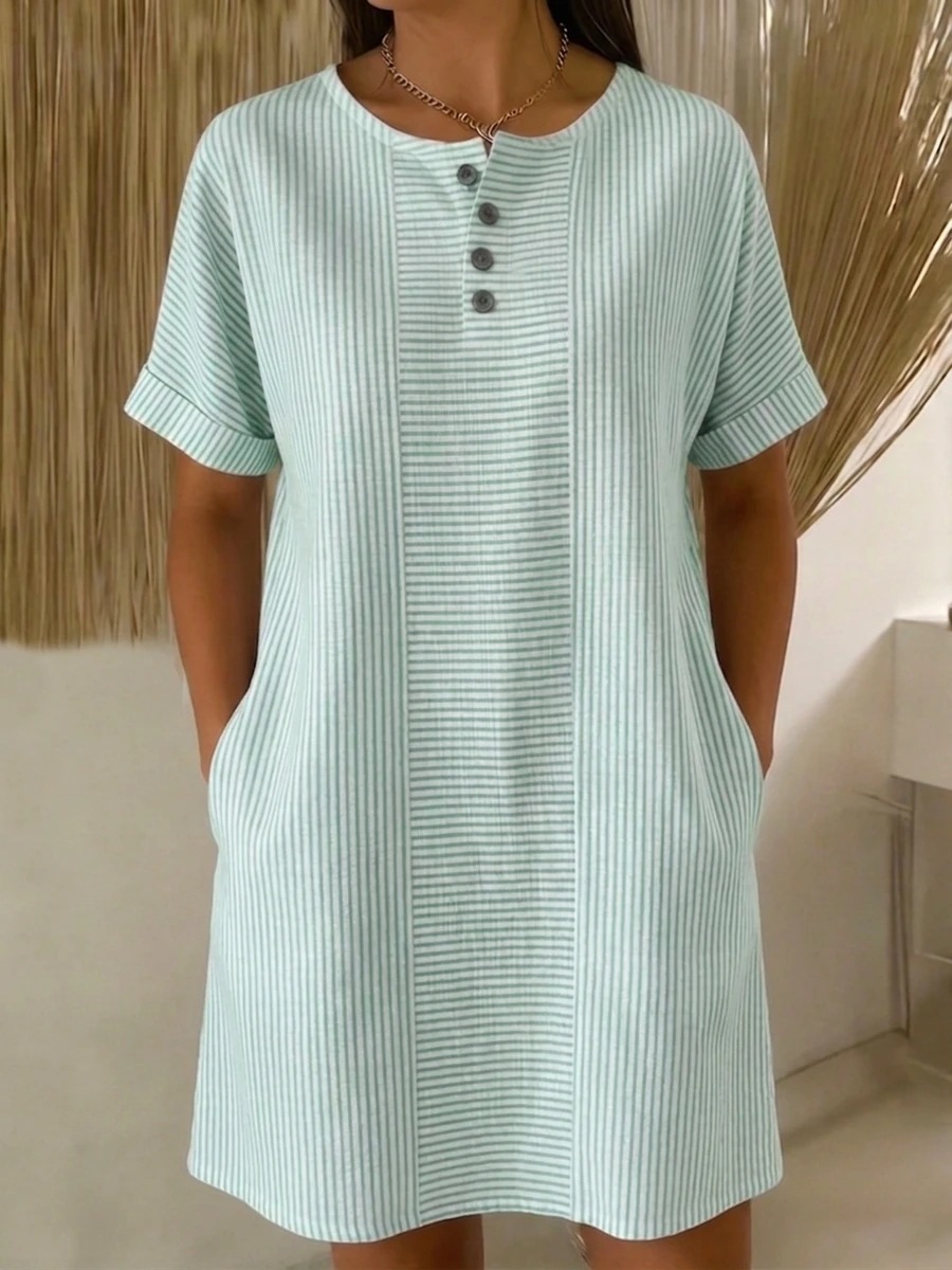 Women's Button Round Neck Loose Pocket Casual Midi Dress
