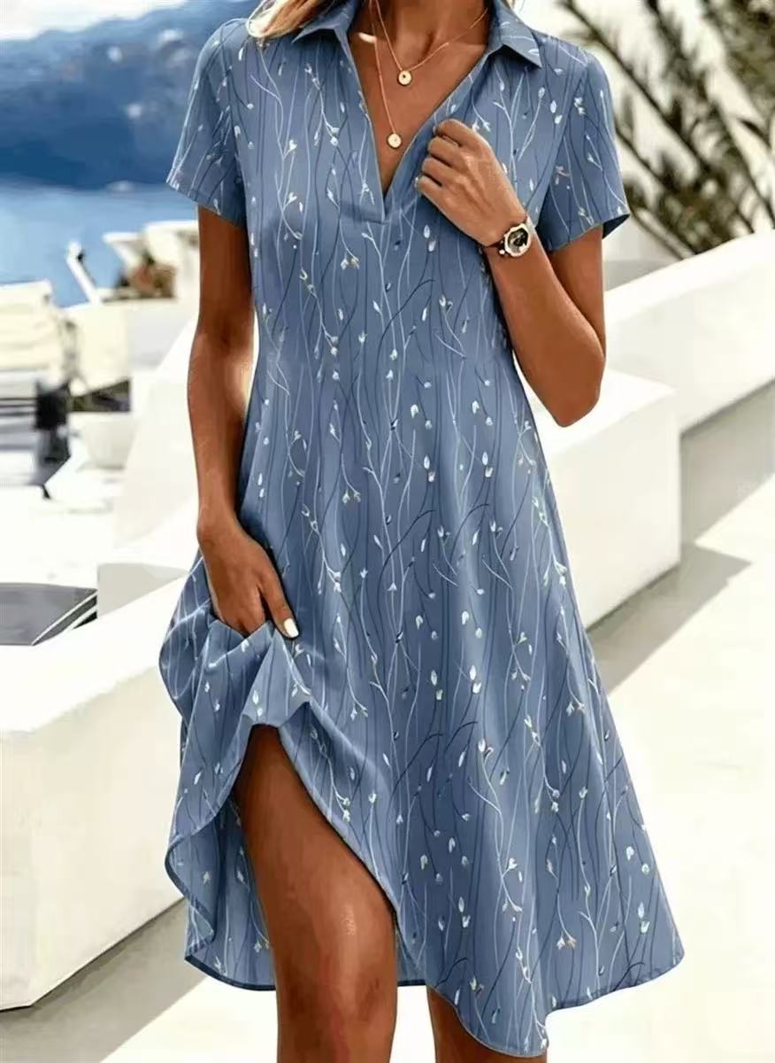 Women's Elegant Printed Ruched Dress V-Neck Short Sleeve Midi